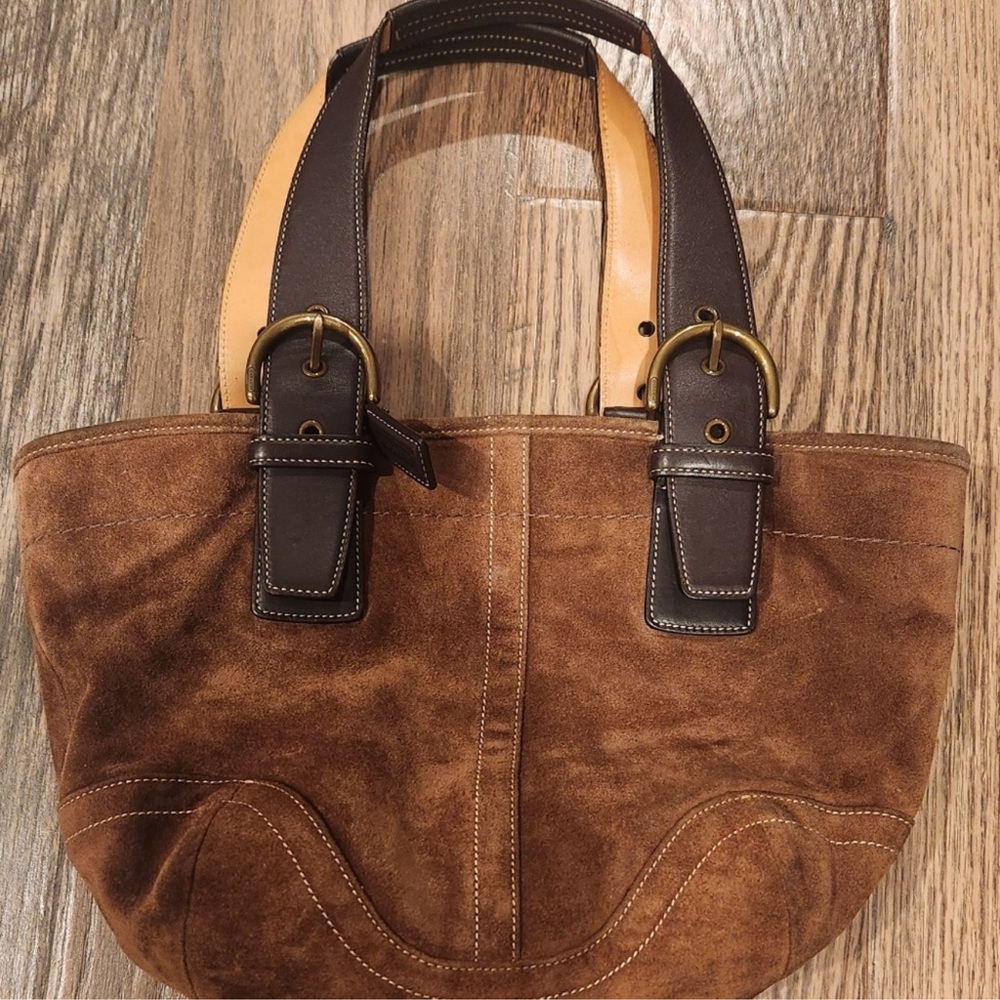 COACH BROWN SUEDE & LEATHER SHOULDER BAG - Picture 6 of 7